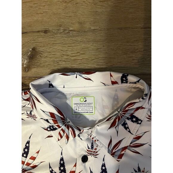 Obnoxious Golf Mens White Short Sleeve Golf Polo American Flag Weed Size Medium - Picture 3 of 3